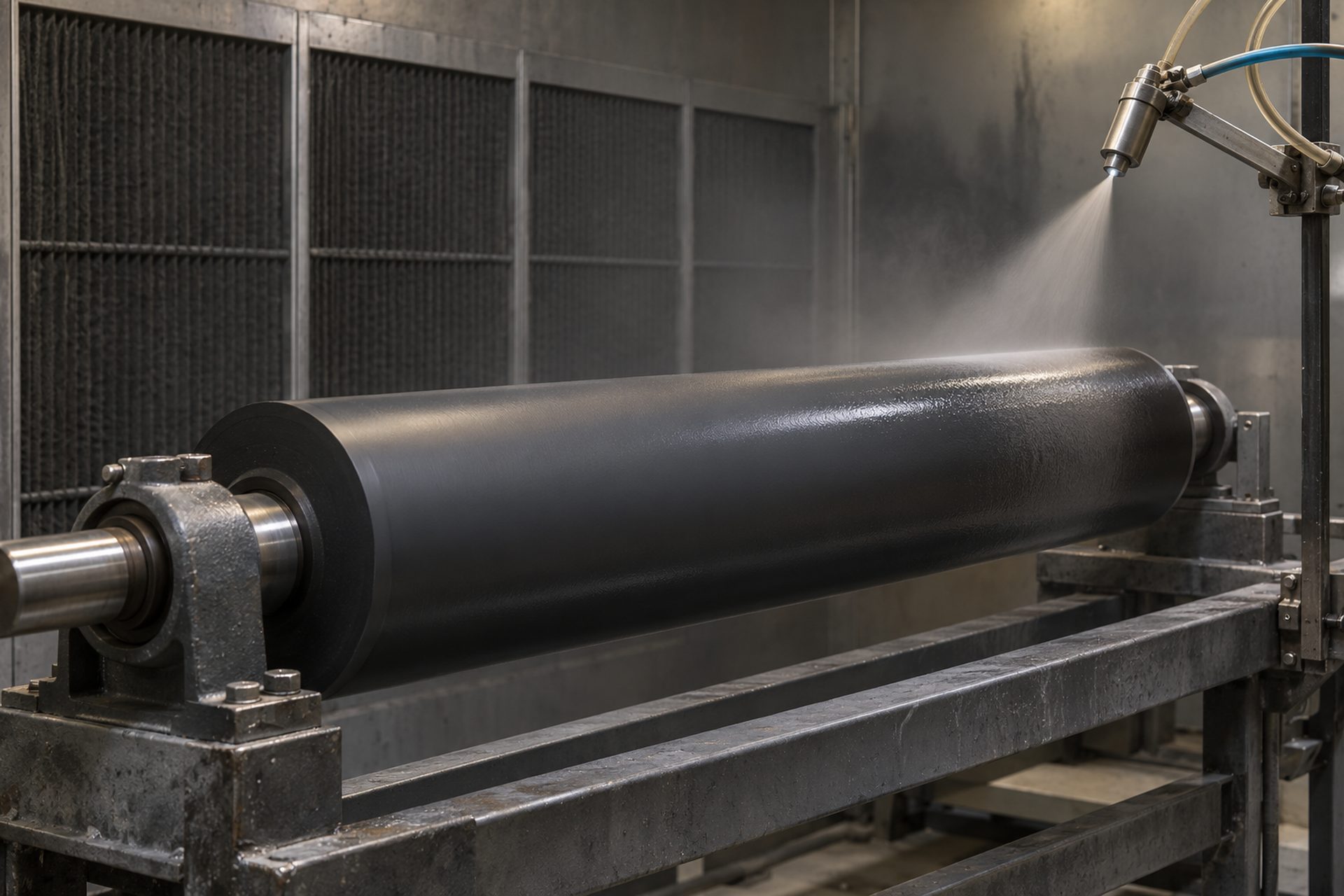 AI-generated illustration of an automatic applicator spraying a non-stick coating onto a supported industrial roller